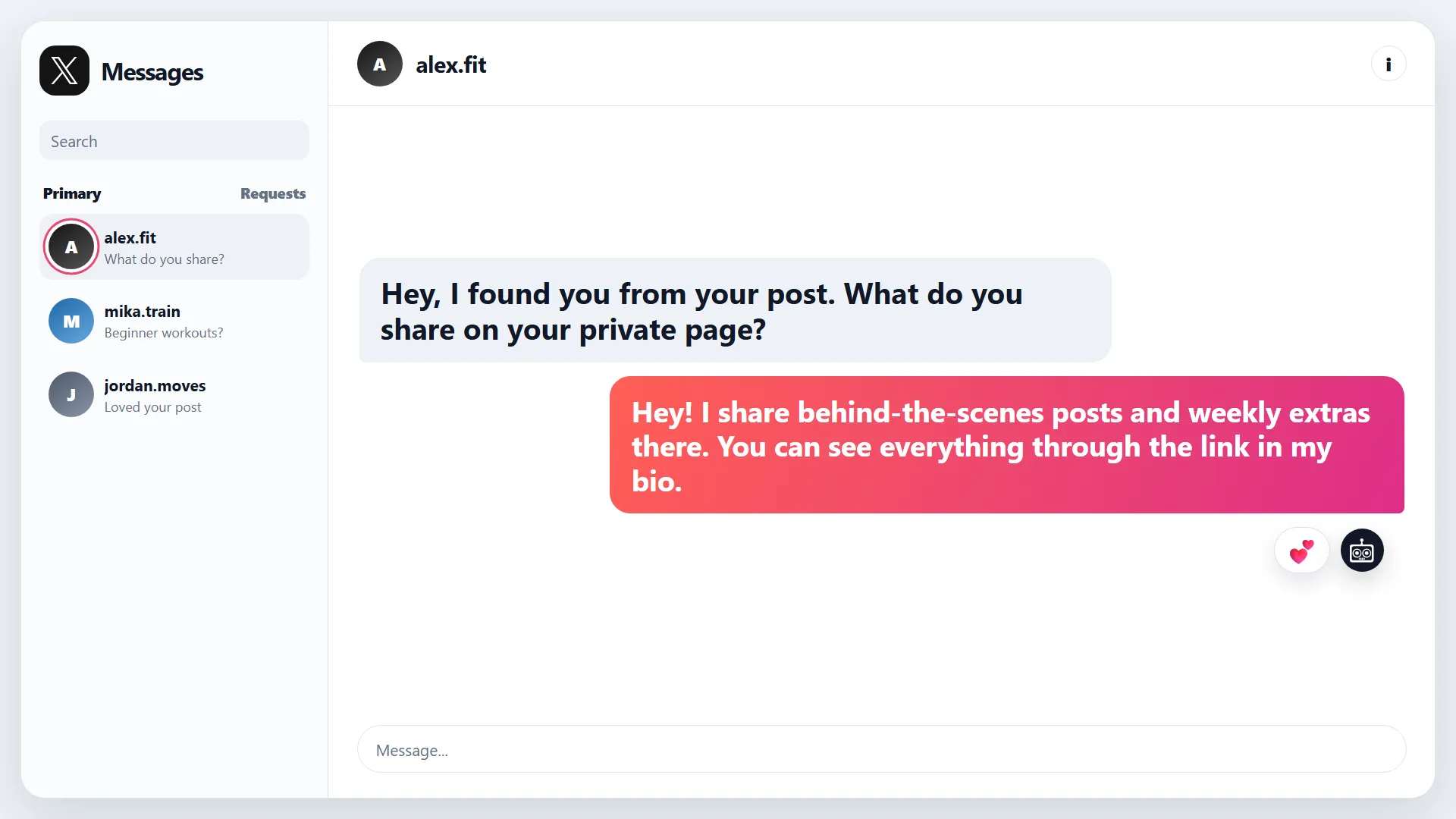A connected creator inbox receiving a new fan message