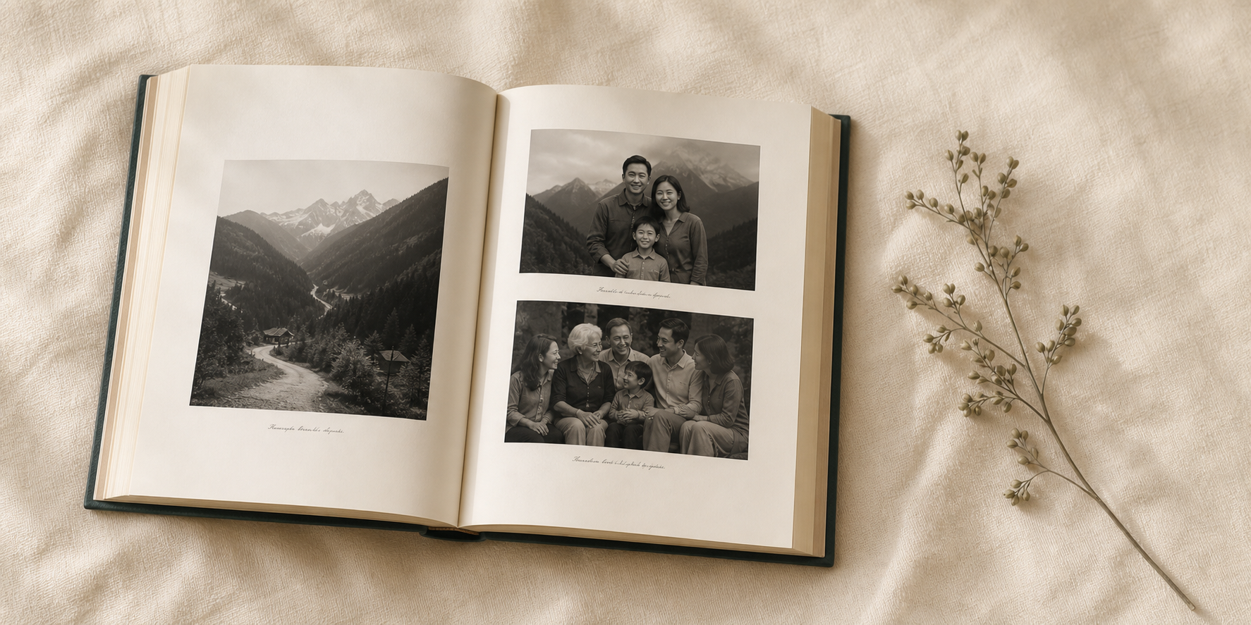 An open Legacy Book with family photographs laid out on warm cream pages