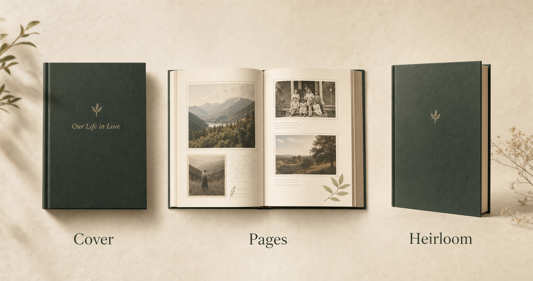 A visual showing the personalized cover, designed pages, and finished Loresta heirloom book